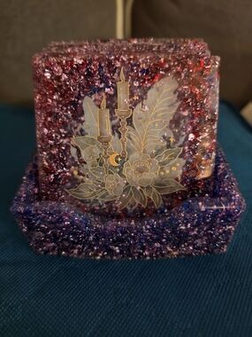 Handmade Resin Multi Color Glitter Flake Coasters And Coaster Holder.